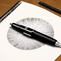 a pen resting on a spiral notepad next to a marker and pen