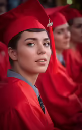 a group of women wearing red graduation robes and hats
