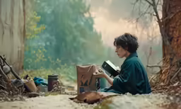 a boy sitting in the woods reading a book