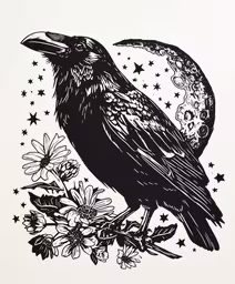 a drawing of a raven sitting on top of flowers,a drawing of a crow on a branch with flowers