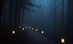 lit candles on the path of a misty forest at night