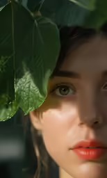the woman has her eyes half - open, her left face is half - covered by leaves
