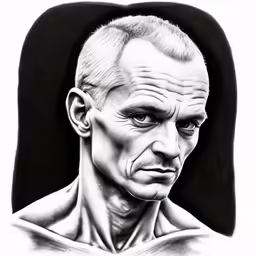a man with white hair is shown in this black and white drawing