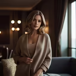 a beautiful woman in a beige dress and coat