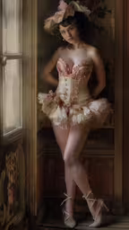 this is a woman posing in a nude and frillyd dress,a young woman dressed in a pink and white corset