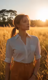 a young woman wearing a white shirt stands in an open field