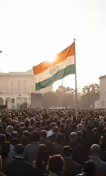 a large group of people in suits and ties look at the flag