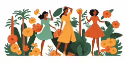 three women are surrounded by flowers and palm trees
