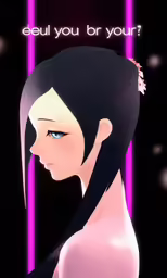 an anime character with black hair in front of neon lights
