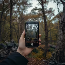 someone taking a picture of the wooded area
