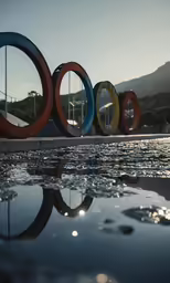the olympic rings is reflected on a puddle of water