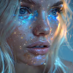 an artistic woman looking into the distance with glitter stars all over her face,an artistic photo with blue eyes and stars on her face