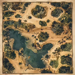 aerial view of pond with lots of trees and sand