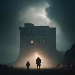 people in the mist by an old, destroyed castle
