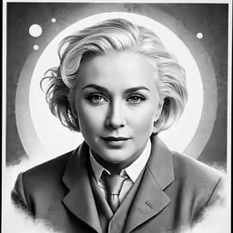 a woman wearing a suit and tie has her hair up and is standing in front of a white circular