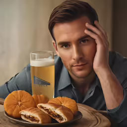 a man sitting at a table with some food and a drink