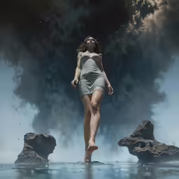 a woman wearing a tank top is running on a lake