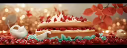a dessert with red berries and icing with the decoration made from orange pieces