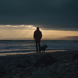 man walking his dog on the beach by the water