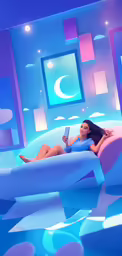 a person laying down on a bed in the middle of a room with a blue backdrop