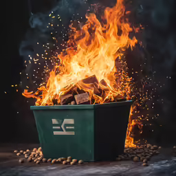 a small green bin on fire on a table