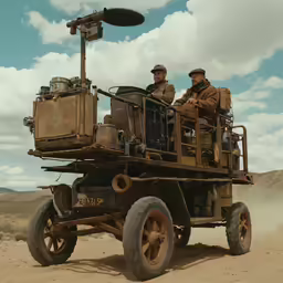 two men riding a truck with an engine