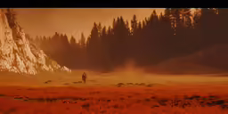 an orange photo of a person walking through the woods