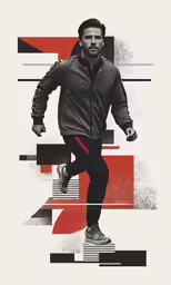 a poster of a man wearing a red jacket and sneakers