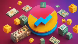 a round piece of candy surrounded by stacks of money and other tiny objects,the round box has many dollars next to it