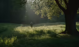 a man is walking through the grassy woods