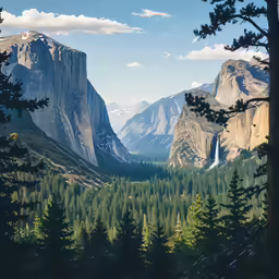 a beautiful view of mountains with some trees in the foreground