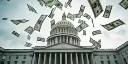money flies in the air over an old building
