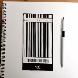 a sketching pen sits in front of a paper with a striped barcode drawn on it