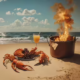 a crab with a glass of wine on the beach