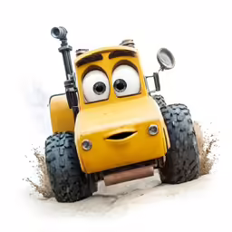 a toy car that has the eyes of a construction worker