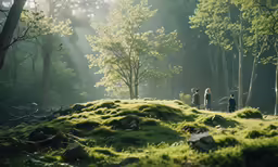 a couple of people standing on top of a lush green forest
