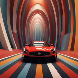the red masera roadster sits in an artistic tunnel