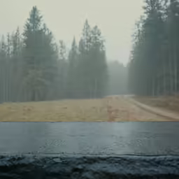 a wet road that has been empty on the side of it