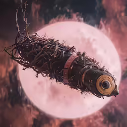 a futuristic mechanical object with barbed wire on it in space