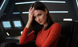 a woman in a red top sitting on a chair