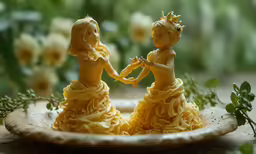 two yellow figurines that are on a cake