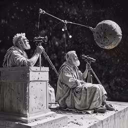 two statues on the roof are looking at a planet