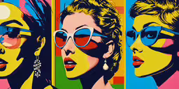 three pop art paintings of two women,the painting shows three different images of women with glasses