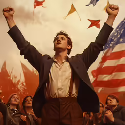 man in brown pants holding two flags standing next to other men