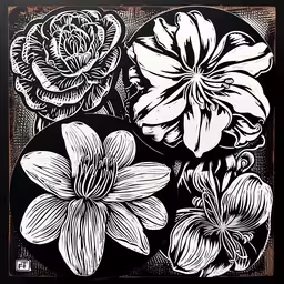 a drawing of flowers on a black and white background,a white and black flower illustration is in the dark