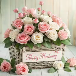 a basket of pink and white roses is next to a wooden table