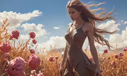 a woman in a brown dress walking through a flower field