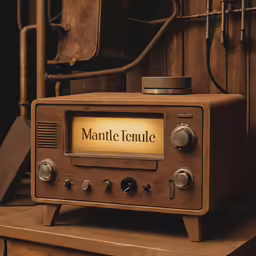 an old radio sits on a wooden table