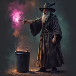 wizard in cloak and hat with wand flying over trashcan