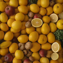 some lemons, tomatoes and broccoli are piled on top of each other